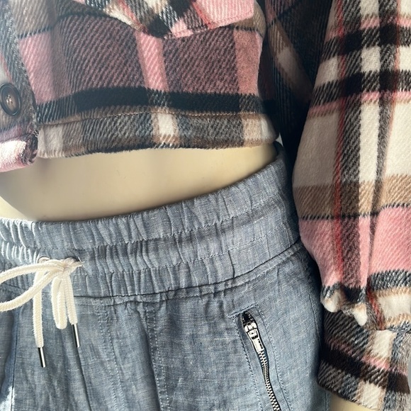 hyfve Pink Cream Tan Black Plaid Cropped Button Down Jacket L - Picture 9 of 11